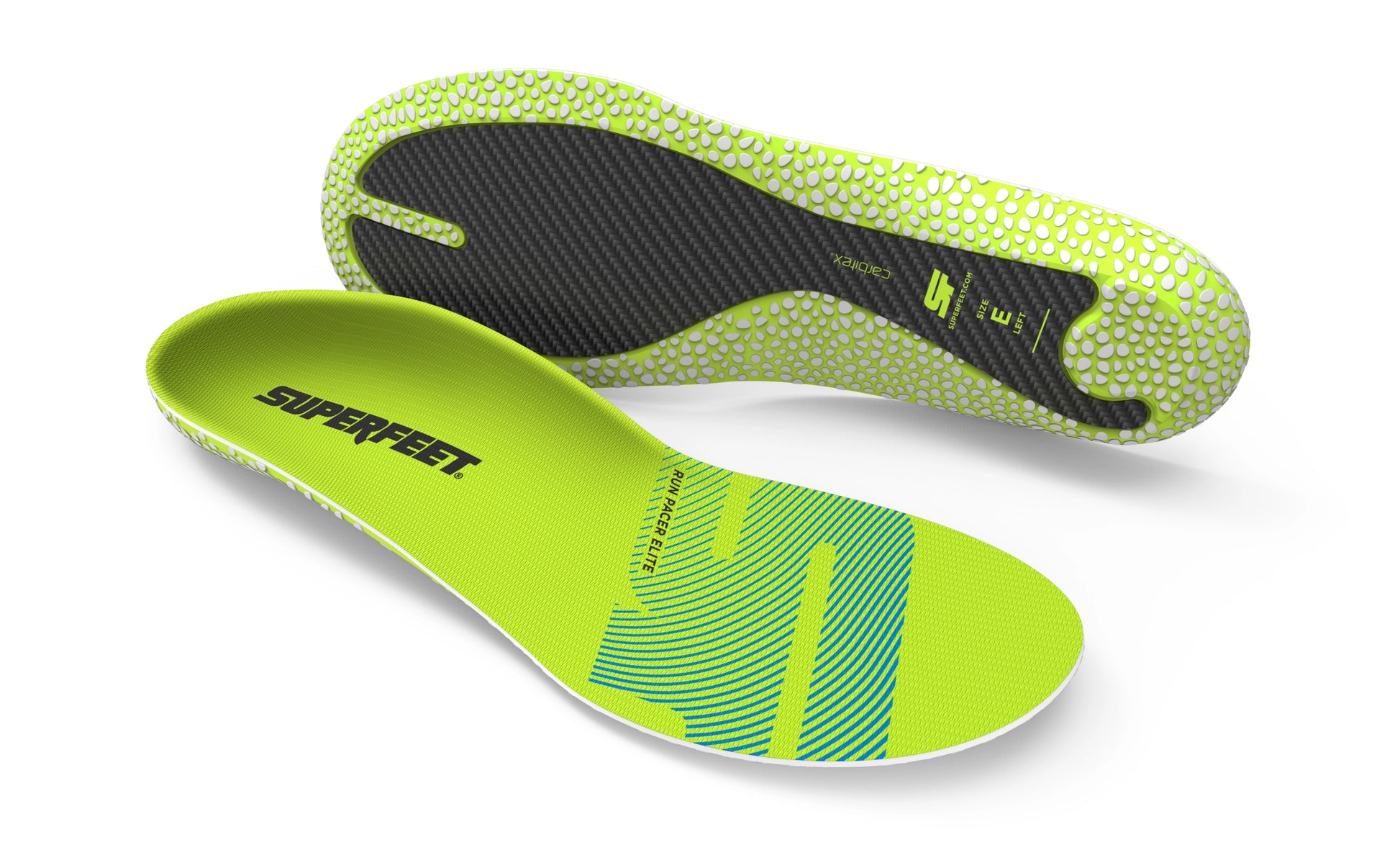 Two Superfeet Run Pacer Elite insoles, one face up, one face down, on a white background