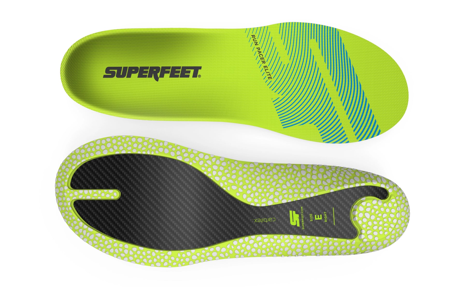 Two Superfeet Run Pacer Elite insoles, one face up, one face down, on a white background