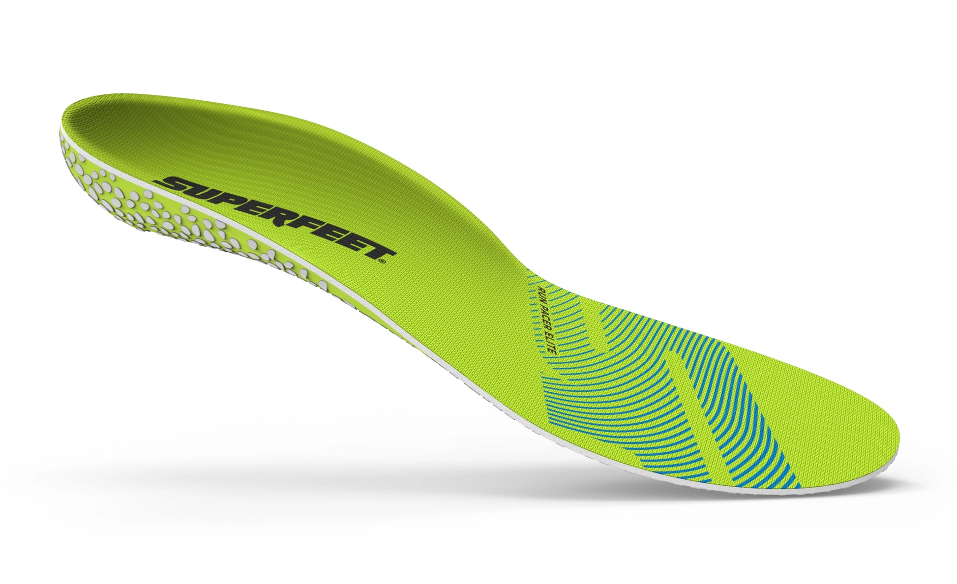 Superfeet Run Pacer Elite green shoe insole with 'Superfeet' branding on a white background