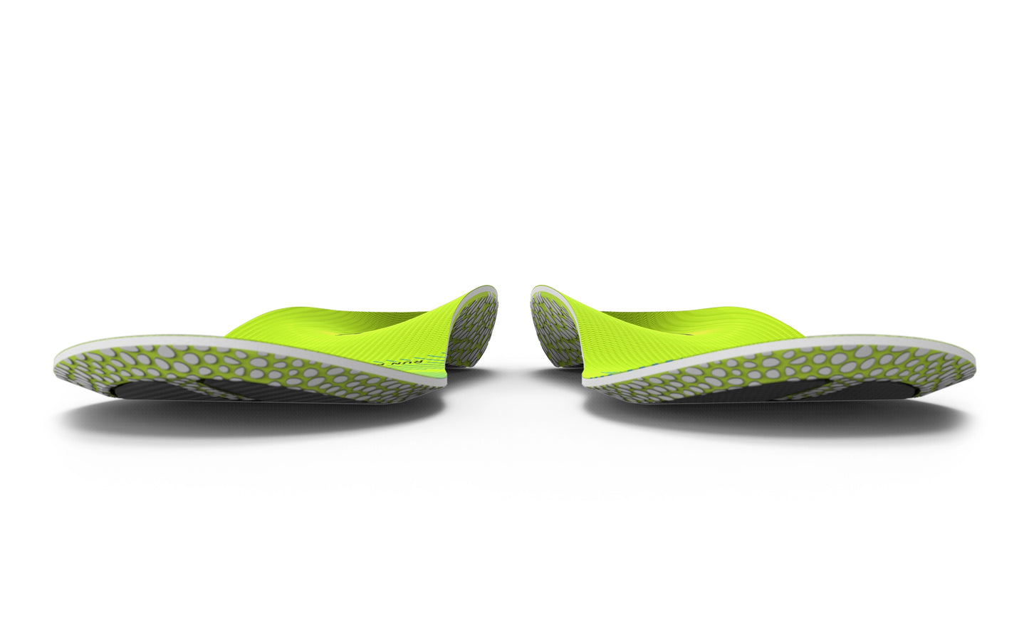 Pair of Superfeet Run Pacer Elite bright green shoe insoles on a white background