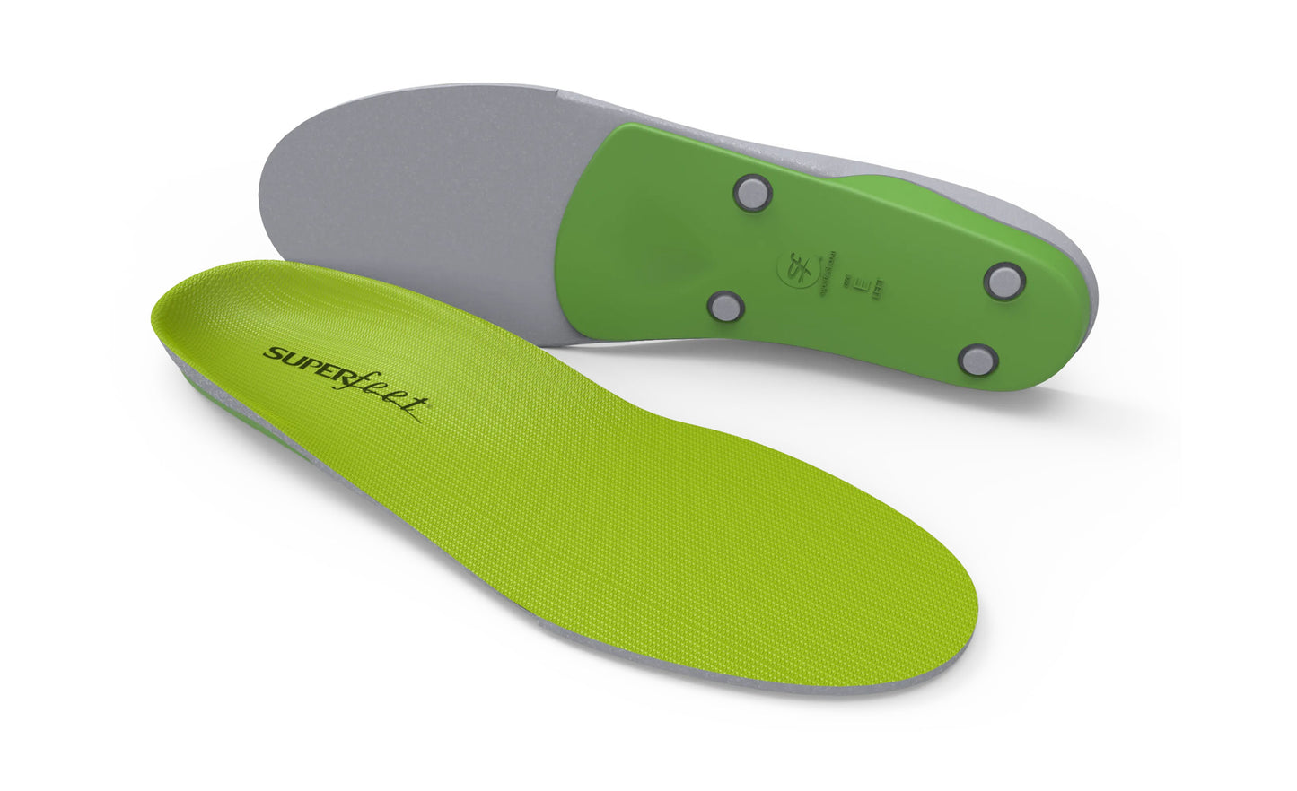 A pair of Superfeet All-Purpose Support High Arch insoles, primarily green with gray on the sides, designed to fit into shoes for enhanced support.