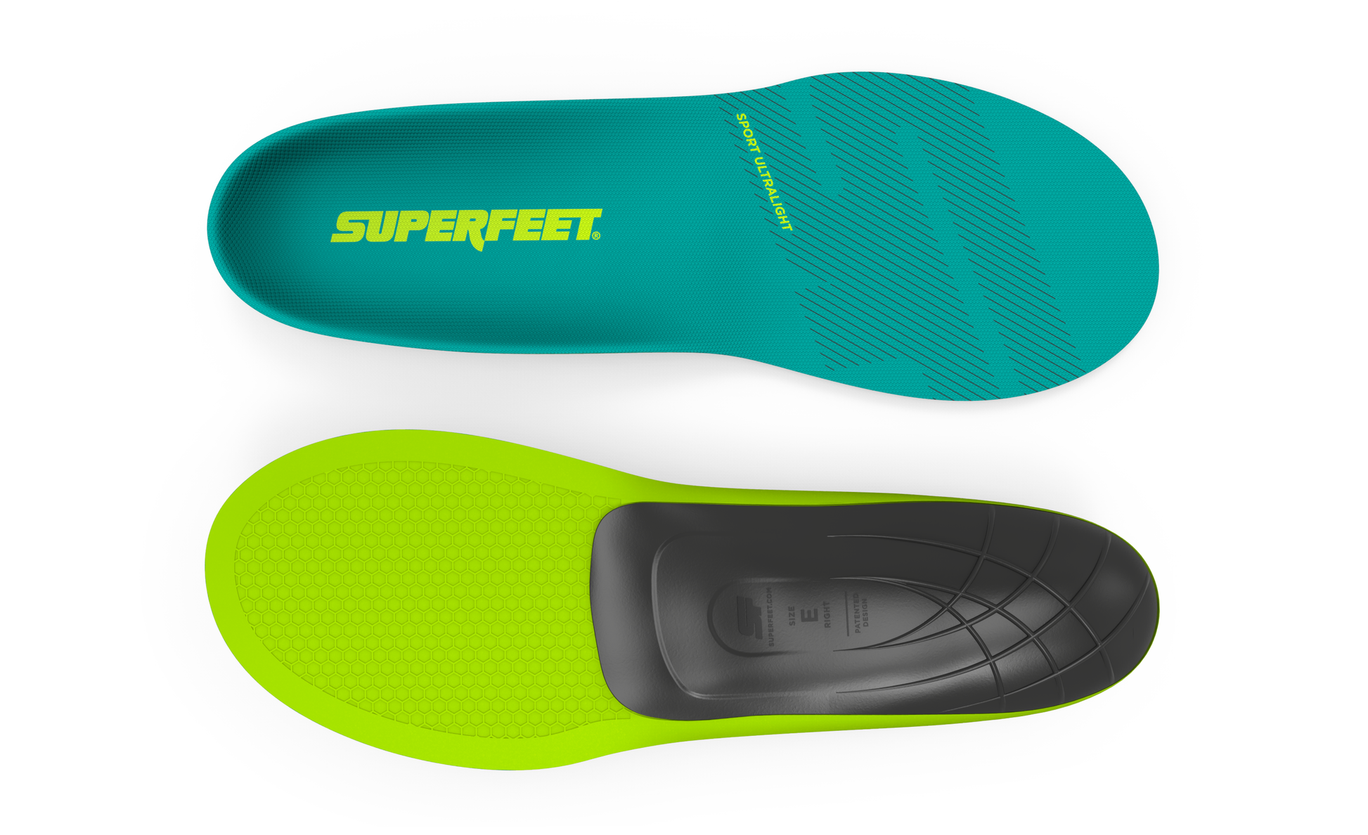 Two pairs of Superfeet insoles, one teal and one green with black heel cup, on a white background.