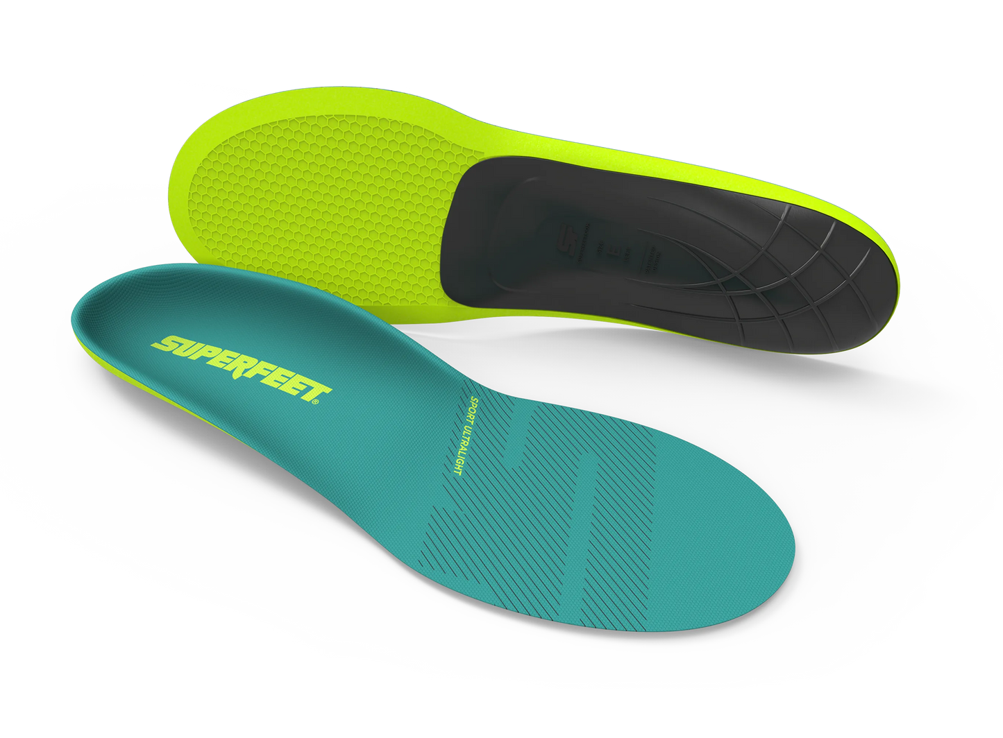 Two pairs of Superfeet insoles, one green and one teal, on a white background.