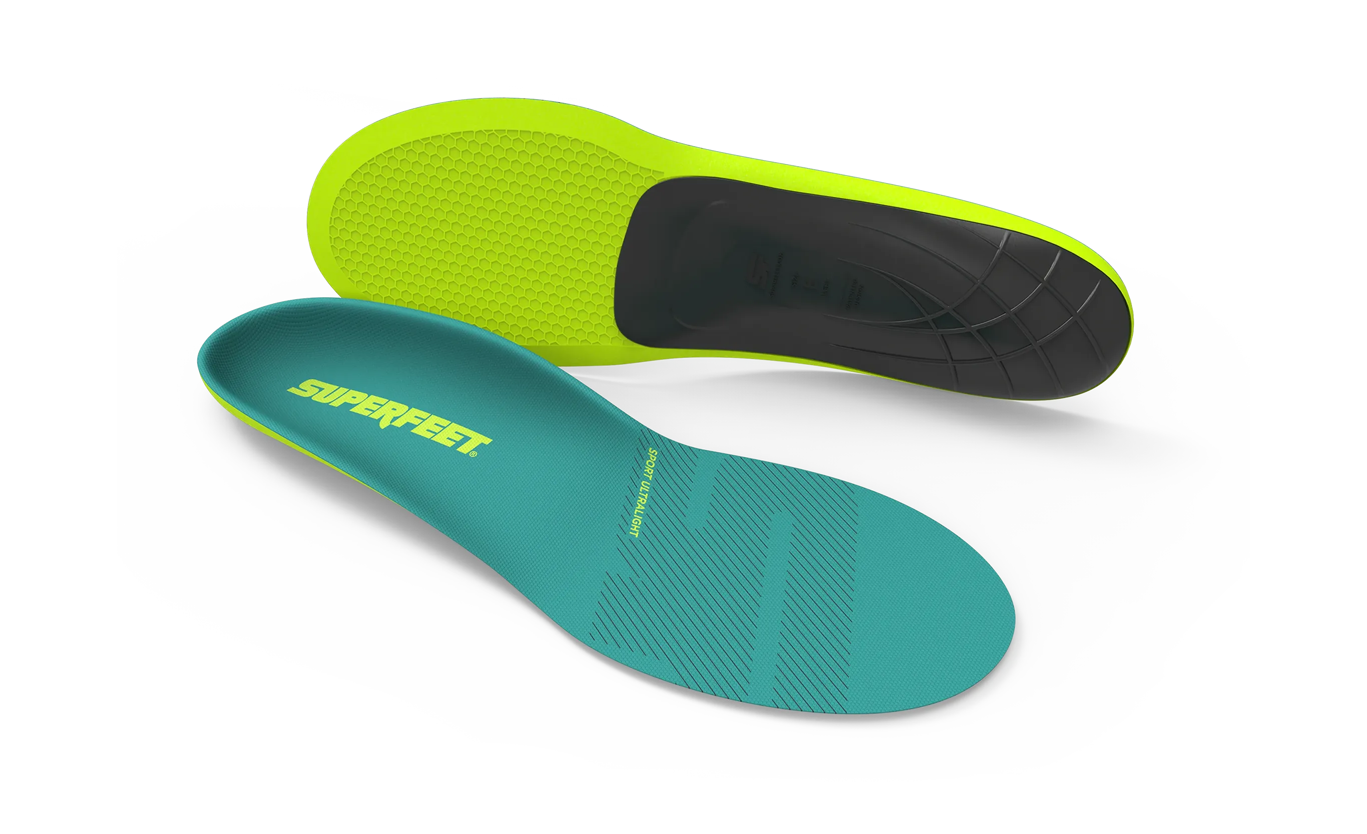 Two pairs of Superfeet insoles, one green and one teal, on a white background.