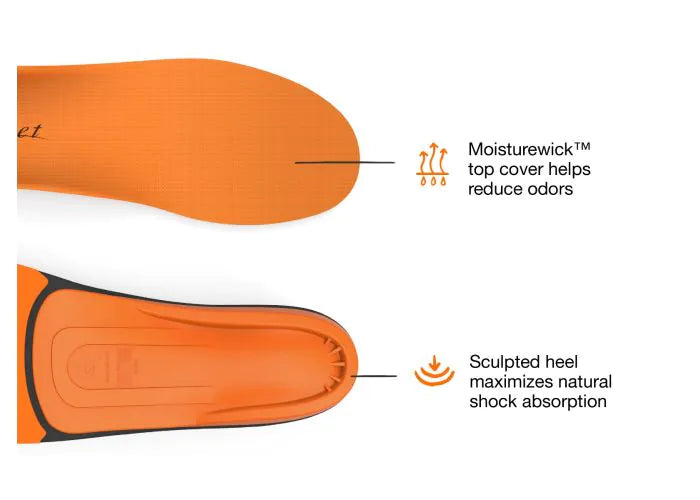Superfeet All-Purpose High Impact Support Insoles with feature highlights that say Moisturewick top cover helps reduce odors and Sculpted heel maximizes natural shock absorption.