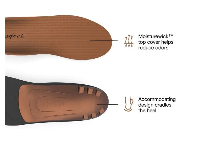 Pair of Superfeet All-Purpose Memory Foam Support Insoles with feature highlights that say Moisturewick top cover helps reduce odors and Accommodating design cradles the heel.