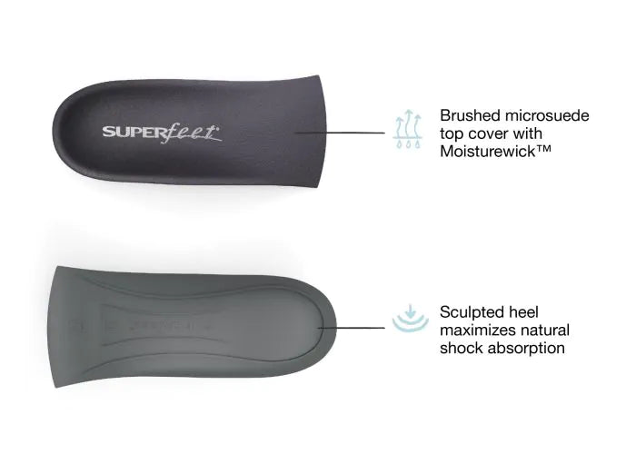 Pair of Superfeet Casual Easyfit High Heel insoles with feature highlights that say Brushed microsuede top cover with Moisturewick and Sculpted heel maximizes natural shock absorption.
