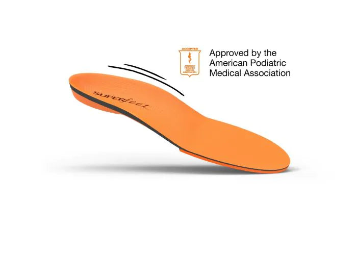 View of the top of a single Superfeet All-Purpose High Impact Support Insole with logo and text that says Approved by the American Podiatric Medical Association.