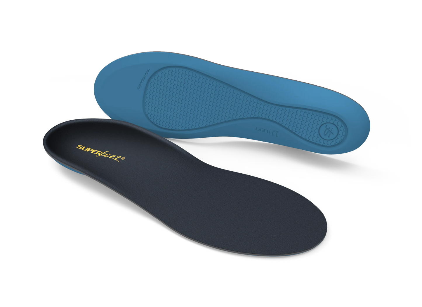 Black and blue work memory foam shoe insoles on a white background