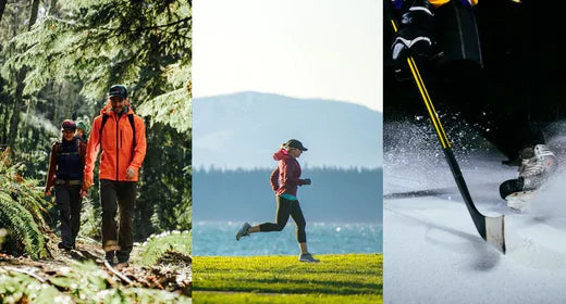 Three panel images. First panel is of two hikers on a path, second panel is of a woman running mid-stride, the third panel is of a hockey stick in action on an ice surface