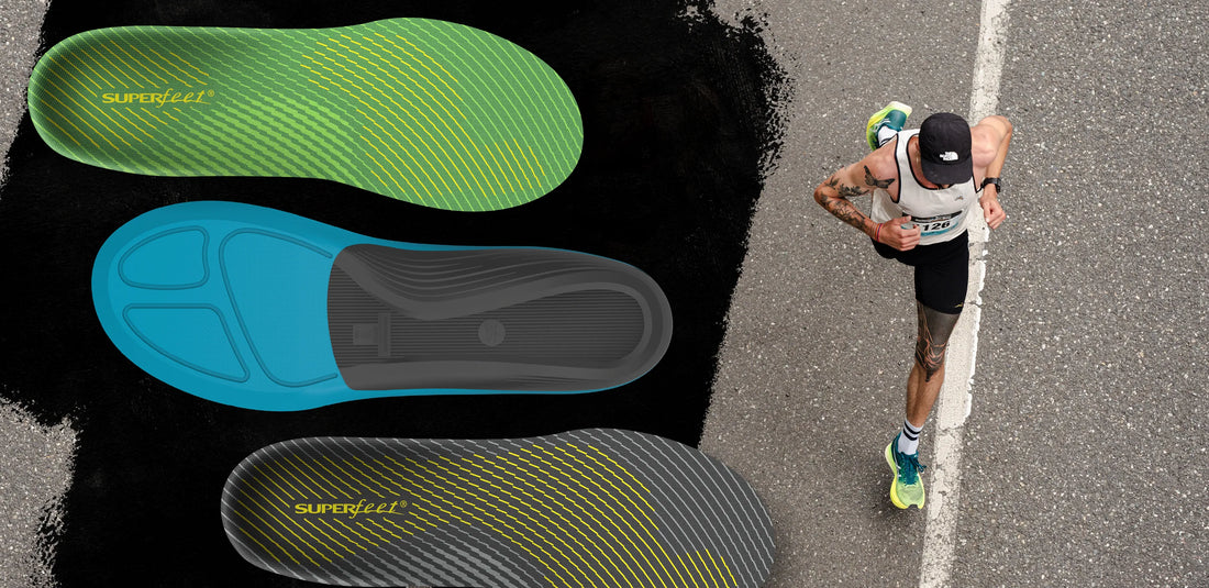 Tops down view of Superfeet Run Support High, Medium, and Low Arch Insoles next to a man running on the road.