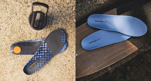 Images of Superfeet insoles on soft and hard surfaces.