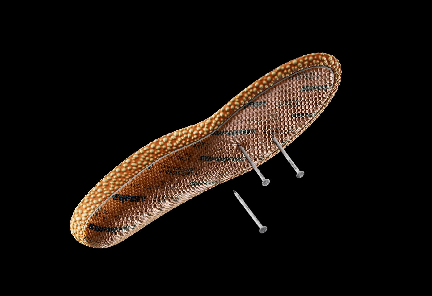 Superfeet's Work Puncture Resistant Insole against a black background , demonstrating three nails unable to puncture the insole. 