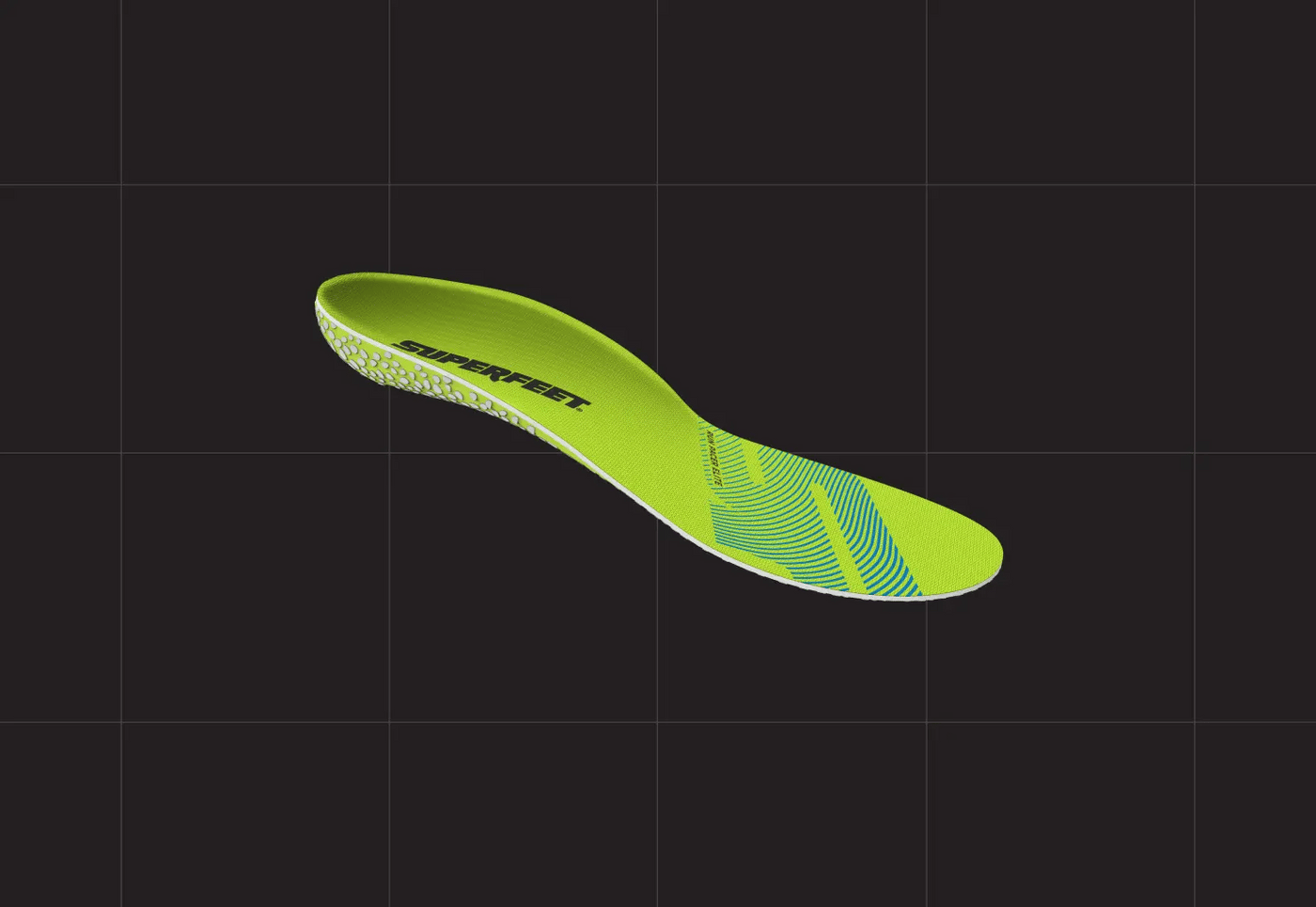 Superfeet's 'Run Pacer Elite' insole on a black grid background