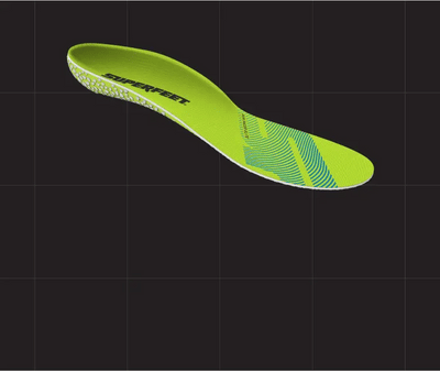Superfeet's 'Run Pacer Elite' insole on a black grid background