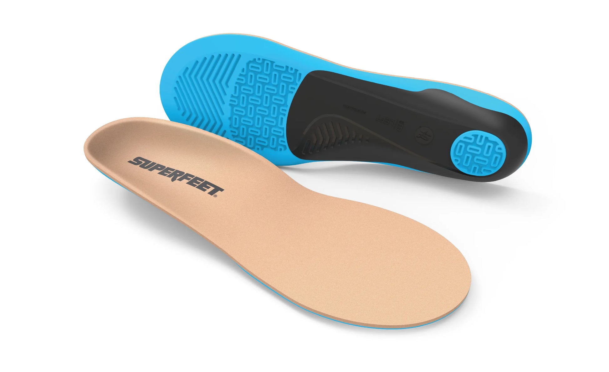 Superfeet insole with blue and black heel cup on a white background