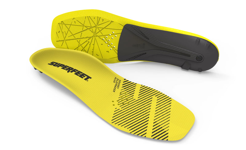 Superfeet's Hockey Playmaker Plus insoles from a top down view against a white background. 
