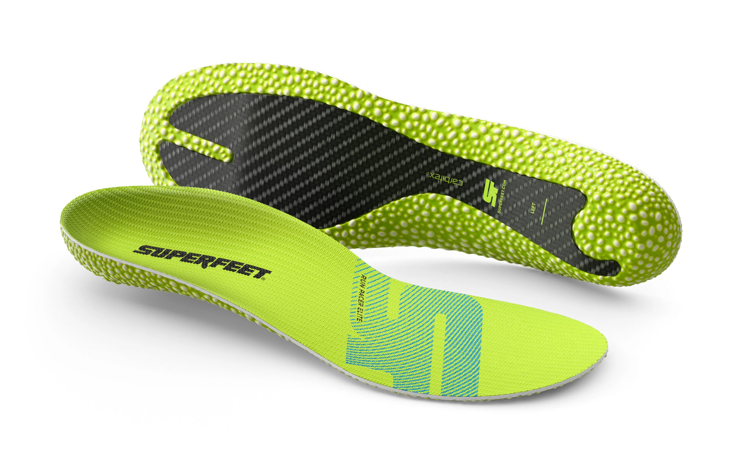 Superfeet's Run Pacer Elite Insoles against a white background. Image depicts two insoles, one showing the top of the insole, the other showing the underneath of the insole. 
