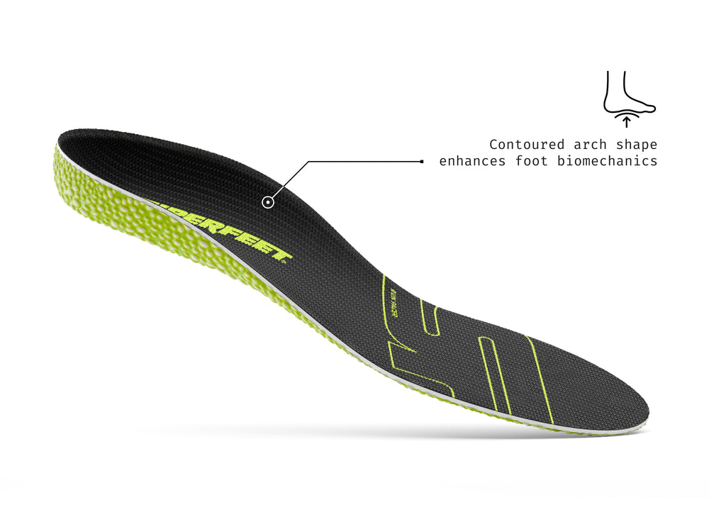 Superfeet's Run Pacer Insole against a white background. Text reads "Contoured arch shape enhances foot biomechanics".