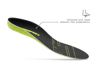 Superfeet's Run Pacer Insole against a white background. Text reads "Contoured arch shape enhances foot biomechanics".