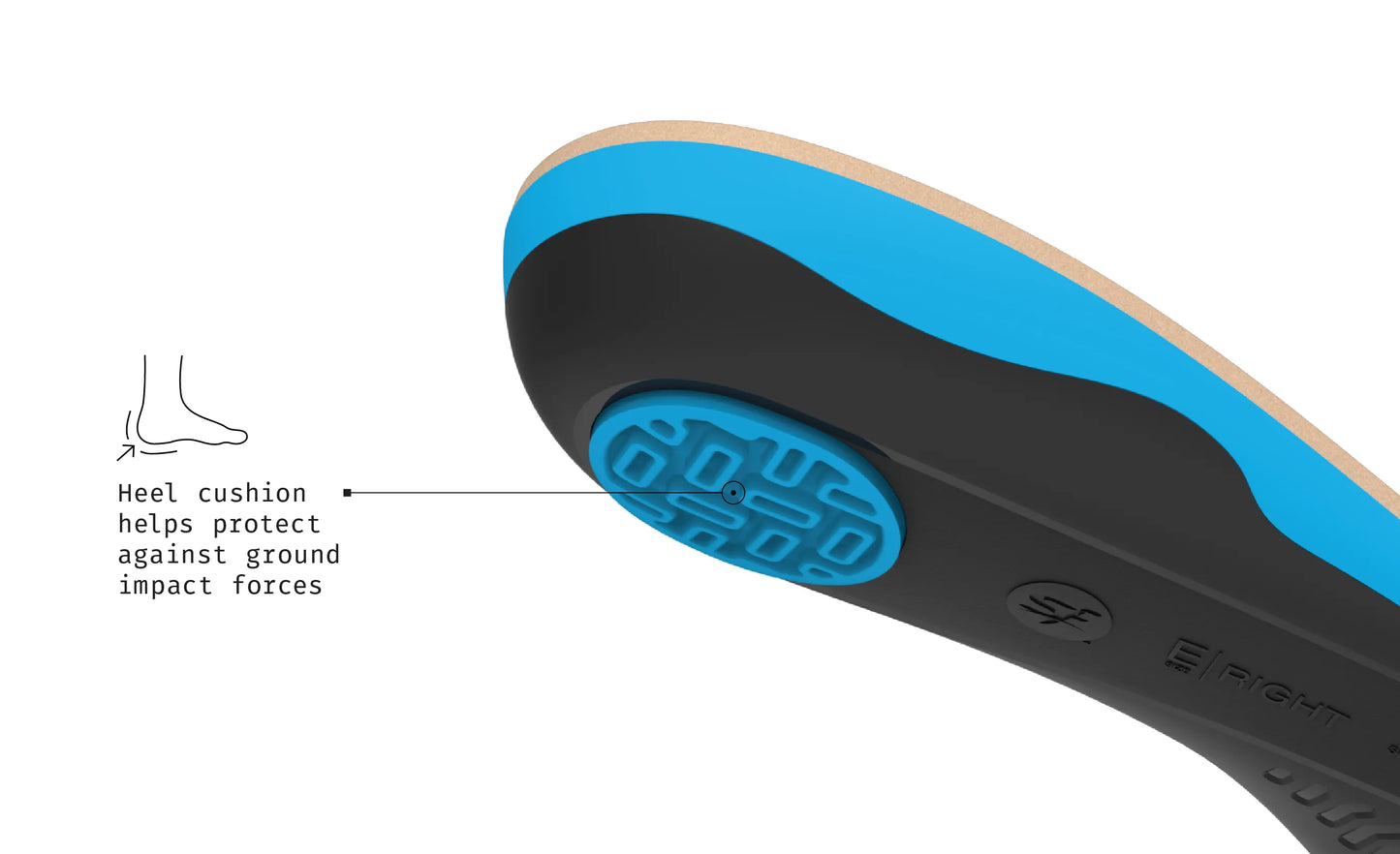 Heel cushion of a Superfeet shoe insole with text explaining its function on a white background
