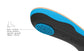 Heel cushion of a Superfeet shoe insole with text explaining its function on a white background