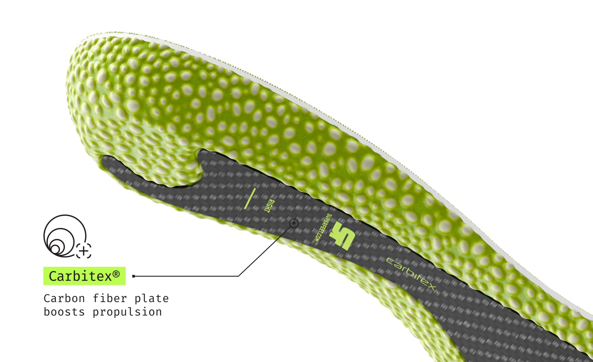Close-up image of Superfeet's Run Pacer Elite insole underside. Text reads "Carbitex (Registered Trademark) Carbon fiber plate boosts propulsion". 