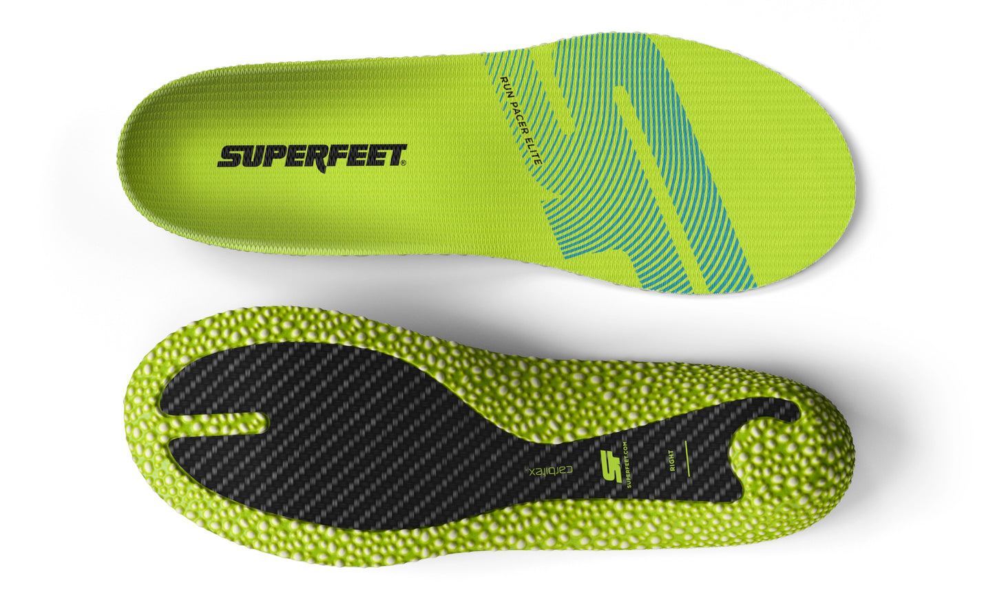 A pair of Superfeet's Run Pacer Elite insoles against a white background, depicting the top and bottom of the insole. 
