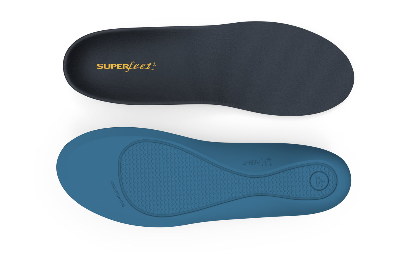 A pair of Superfeet's Work Memory Insole shown from the top and bottom of the insole against a white background. 
