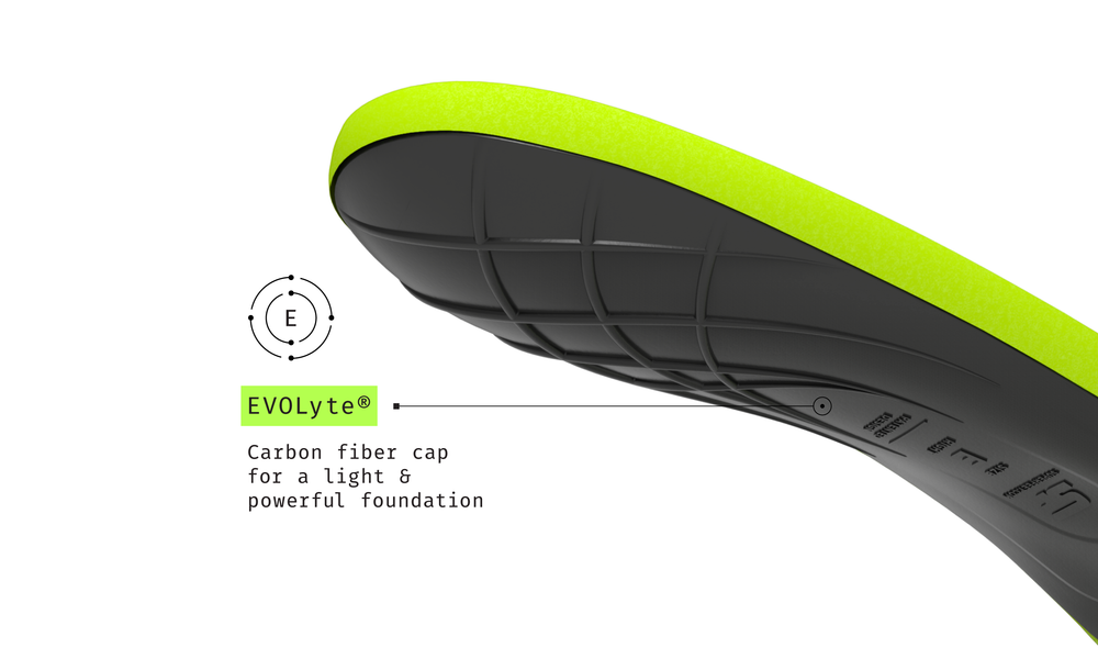 Close-up of a bicycle seat with carbon fiber cap and EVOLyte branding on a white background