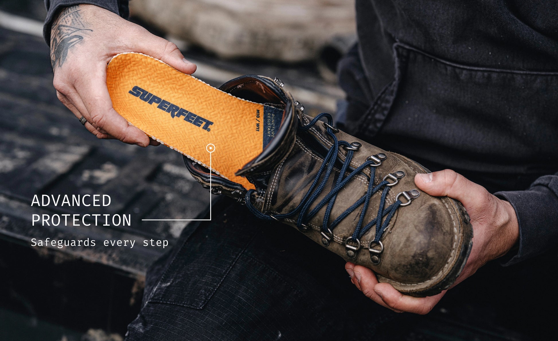 Work Puncture Resistant Insole being put into a boot with text that reads "Advanced protection safeguards every step" 