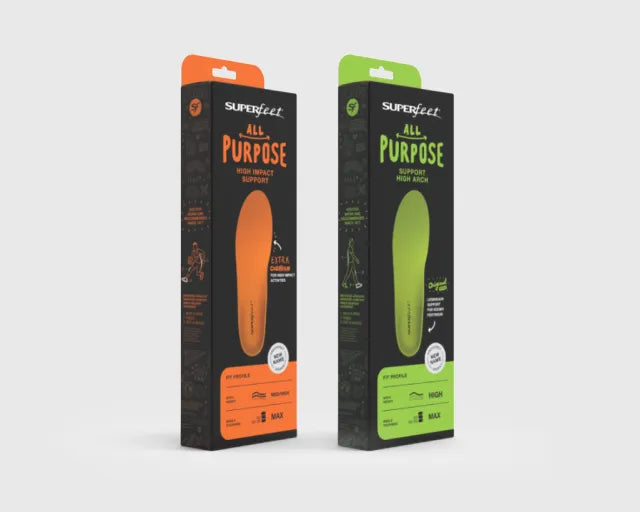 Photo of the boxes for the orange Superfeet All Purpose HIgh Impact Support and Green All Purpose Support HIgh Arch insoles bundle package.