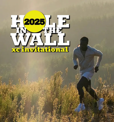 Man running in a field with 'Hole in the Wall xc invitational 2025' text overlay