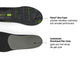 ME3D Max toe image with text "Poron Vive Foam provides relentless cushioning and unrivaled performance"
Heel image with text "Customized Directional Flex Lines guide your foot during the gait cycle"