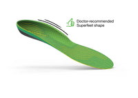 View of the top of a single Superfeet Run Support High Arch Insole with thumbs-up icon and text that says Doctor-recommended Superfeet shape.