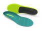 Two pairs of Superfeet insoles, one green and one teal, on a white background.