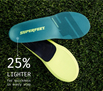 Superfeet insole on grass with text indicating weight reduction