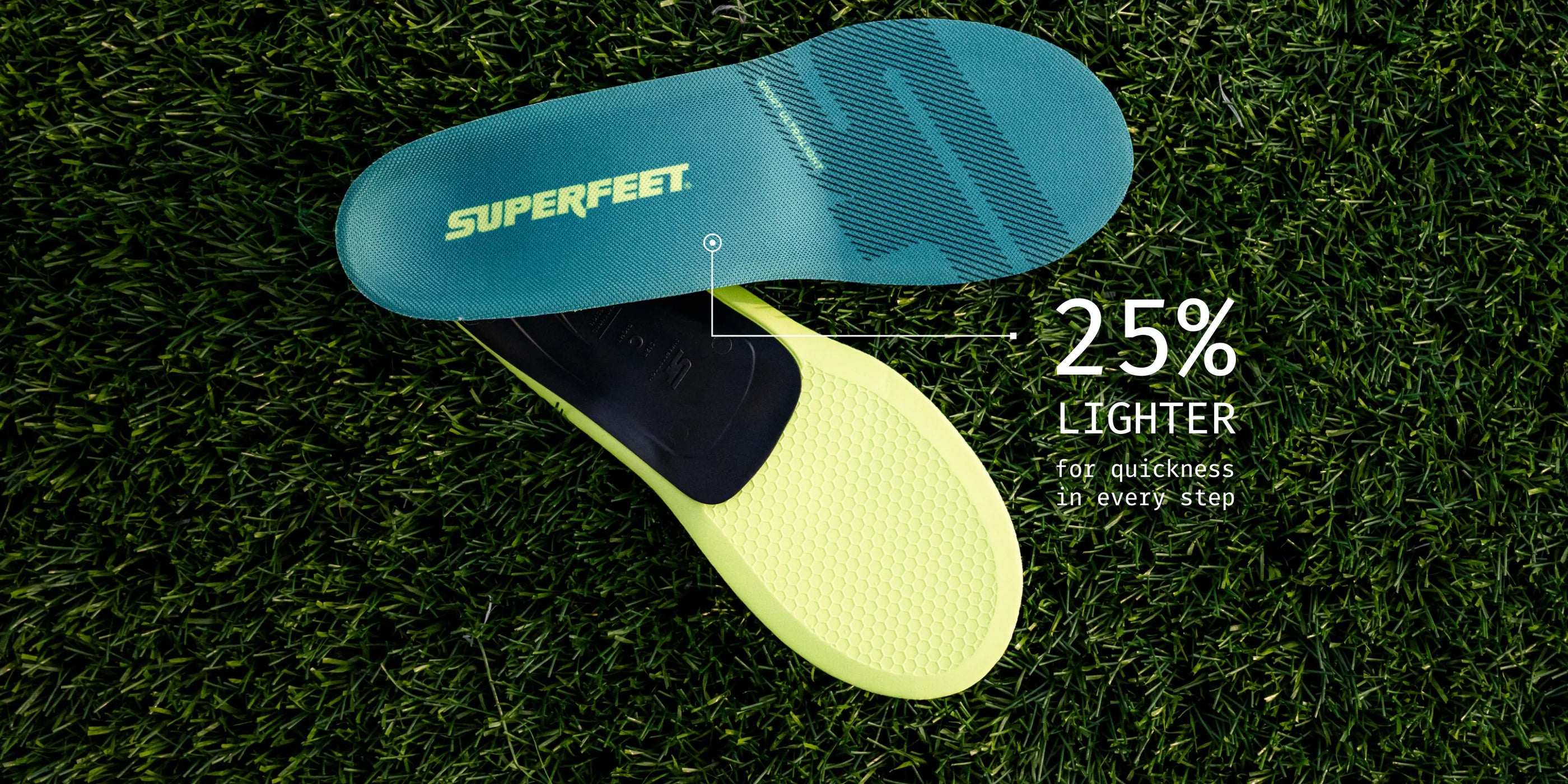 Superfeet insoles on grass with '25% Lighter' text