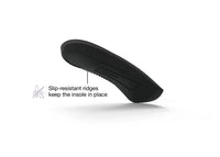 View of the bottom of a single Superfeet Casual Women's Easyfit insole with highlighted feature that says Slip-resistant ridges keep the insole in place.