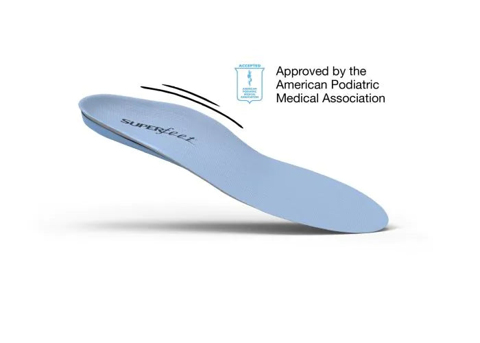 View of the top of a single Superfeet All-Purpose Support Medium Arch Insole with logo and text that says Approved by the American Podiatric Medical Association.