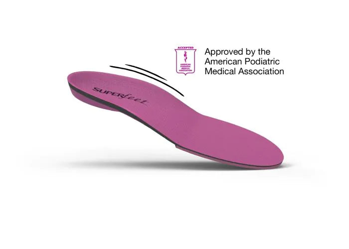 View of the top of a single Superfeet All-Purpose Women's High Impact Support Insoles with logo and text that says Approved by the American Podiatric Medical Association.