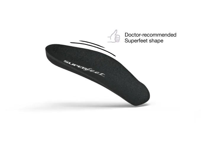 View of the top of a single Superfeet Casual Women's Easyfit Insole with thumbs-up icon and text that says Doctor-recommended Superfeet shape.
