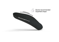 View of the top of a single Superfeet Casual Women's Easyfit Insole with thumbs-up icon and text that says Doctor-recommended Superfeet shape.
