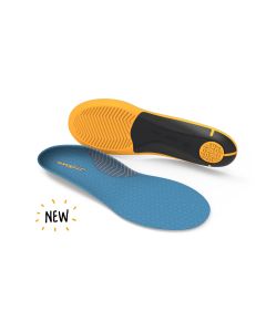 Top and bottom view of a pair of Superfeet Slim-Fit Cushion insoles with NEW icon