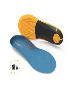 Top and bottom view of a pair of Superfeet Slim-Fit Cushion insoles with NEW icon