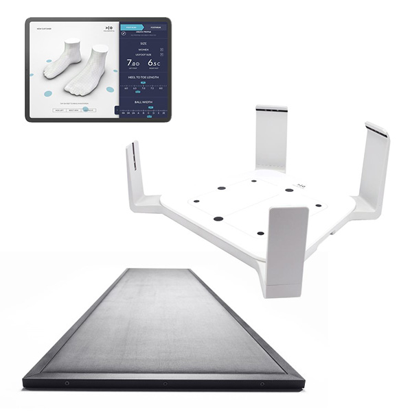 Collage of the Personalized Fit System, including the smart tablet with product recommendation displayed, the 3D foot scanning platform, and the pressure plate for gait analysis