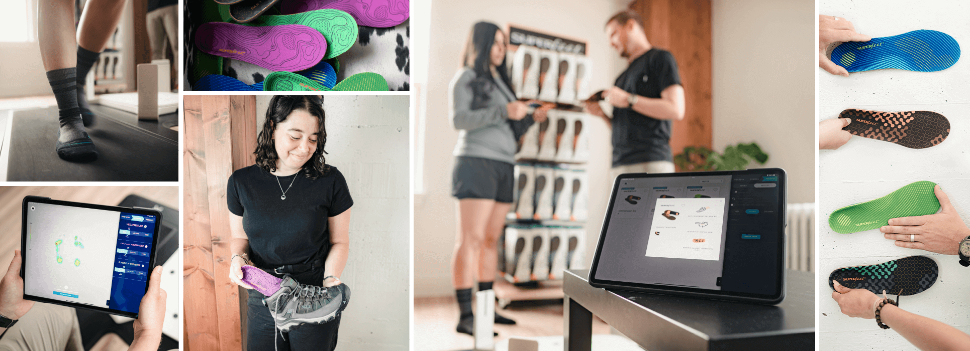 Collage - socked feet walking across pressure plate. Smart tablet held in hand, reviewing gait analysis on screen. Splayed pair of Superfeet Trailblazer insoles. Shopper inserting insole into footwear. Two people with an insole. Hands holding insoles