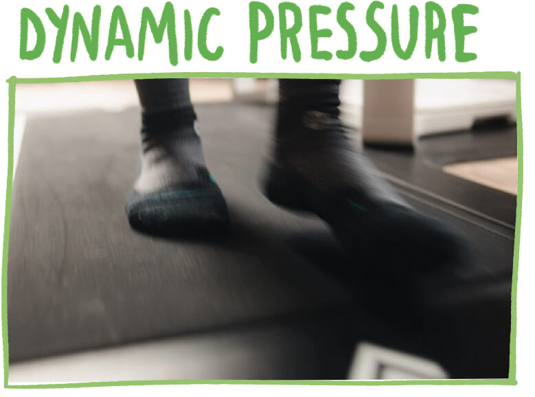 Dynamic Pressure - person wearing socks walking across a gait analyzing pressure plate