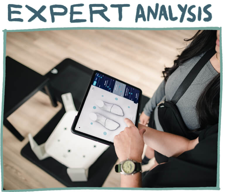 Expert Analysis - shopper and sales representative review results of 3D scan and gait analysis on smart tablet
