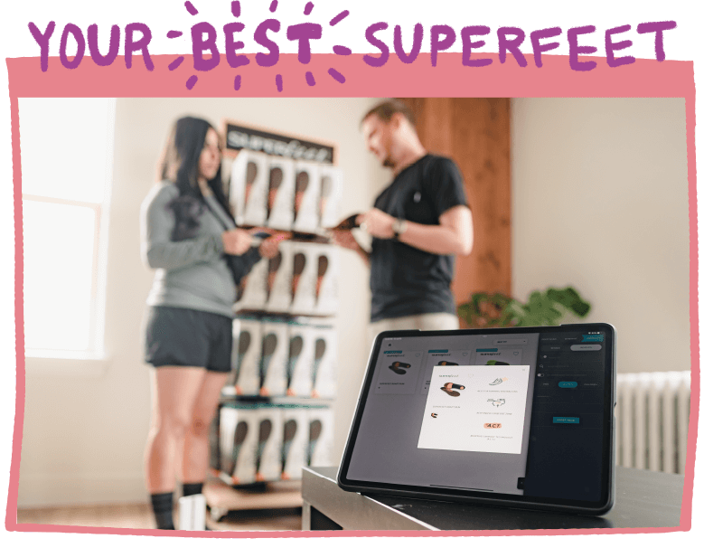 Your Best Superfeet - A smart tablet stands on a bench top in the foreground with a Superfeet trim-to-fit insole recommendation based on the 3D scan and gait analysis. In the background, a sales associate shows the recommended insole to the shopper